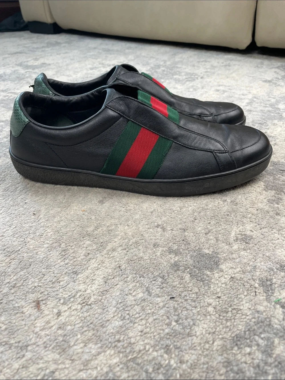 Gucci Miro Soft Web Ace Leather Slip On Sneakers Black Mens Sz 10